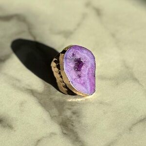 Luxury Natural Stone Adjustable Crystal Irregular Geode Gold-plated Ring